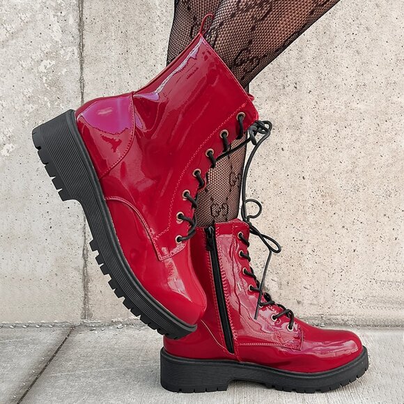 New True Red Lace-Up Military Combat Moto Ankle Boot Booties Block Heel Platform - Picture 2 of 3